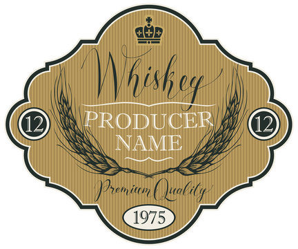Vector label for whiskey in the figured frame with crown, ears of barley and handwritten inscription on striped background in retro style