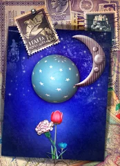 Gordijnen Sfondo con luna fiabesca,stelle e misteriosi manoscritti © Rosario Rizzo