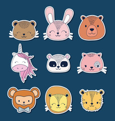 Icon set of cute animals over blue background, colorful design. vector illustration