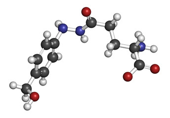 Agaritine mushroom toxin molecule. 3D rendering. Atoms are represented as spheres with conventional color coding