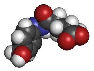 Agaritine mushroom toxin molecule. 3D rendering. Atoms are represented as spheres with conventional color coding.