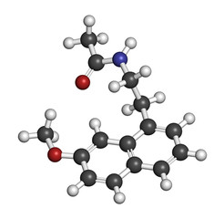 Agomelatine antidepressant drug molecule. 3D rendering. Atoms are represented as spheres with conventional color coding.