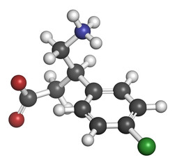 Baclofen drug molecule. 3D rendering. Atoms are represented as spheres with conventional color coding: hydrogen (white), carbon (grey), nitrogen (blue), oxygen (red), chlorine (green).