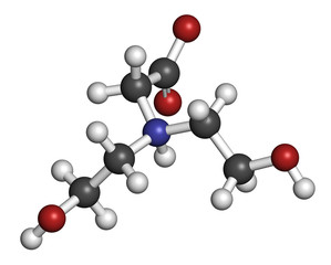 Bicine buffering agent molecule. 3D rendering. Atoms are represented as spheres with conventional color coding: hydrogen (white), carbon (grey), oxygen (red), nitrogen (blue).