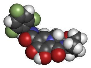 Bictegravir antiviral drug molecule. 3D rendering. Atoms are represented as spheres with conventional color coding.