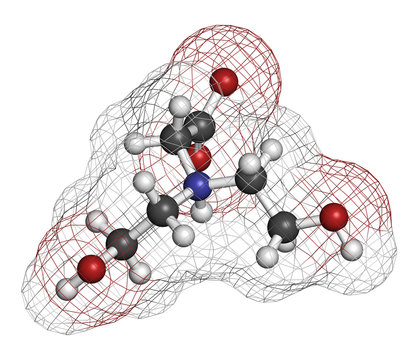 Bicine buffering agent molecule. 3D rendering. Atoms are represented as spheres with conventional color coding: hydrogen (white), carbon (grey), oxygen (red), nitrogen (blue).