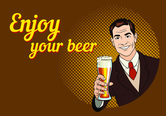 Friendly smiling man in a suit offer a glass of beer. Retro advertising poster. Comic style hand drawn vector illustration.