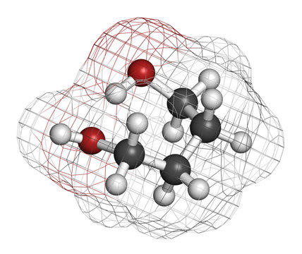 1,4-Butanediol solvent and recreational drug molecule. 3D rendering. Atoms are represented as spheres with conventional color coding: hydrogen (white), carbon (grey), oxygen (red).