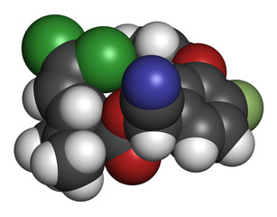 Cyfluthrin insecticide molecule. 3D rendering. Atoms are represented as spheres with conventional color coding.