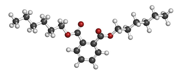 Di-n-hexyl phthalate (DNHP) plasticizer molecule. 3D rendering. Atoms are represented as spheres with conventional color coding: hydrogen (white), carbon (grey), oxygen (red).