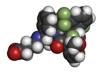 Elagolix drug molecule (gonadotropin-releasing hormone receptor antagonist). 3D rendering. Atoms are represented as spheres with conventional color coding.