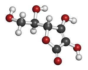 Erythorbic acid food preservative molecule (antioxidant). 3D rendering. Atoms are represented as spheres with conventional color coding: hydrogen (white), carbon (grey), oxygen (red).