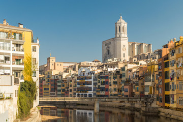 Girona postcard view from viewpoint at the Princess Brindge or Pont d'en Gomez and the river Onyar
