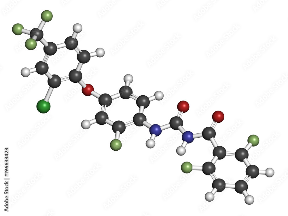 Canvas Prints Flufenoxuron insecticide molecule. 3D rendering. Atoms are represented as spheres with conventional color coding: hydrogen (white), etc