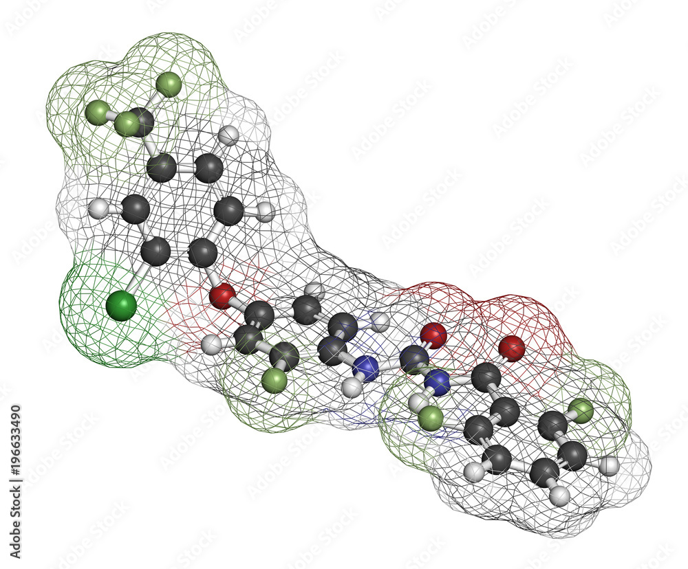 Canvas Prints Flufenoxuron insecticide molecule. 3D rendering. Atoms are represented as spheres with conventional color coding: hydrogen (white), etc