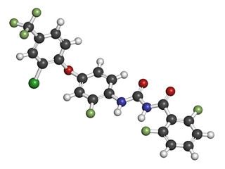 Flufenoxuron insecticide molecule. 3D rendering. Atoms are represented as spheres with conventional color coding: hydrogen (white), etc