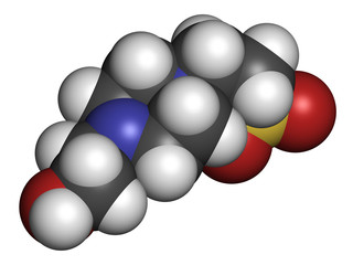 HEPES buffering agent molecule. 3D rendering. Atoms are represented as spheres with conventional color coding: hydrogen (white), carbon (grey), oxygen (red), nitrogen (blue), sulfur (yellow).