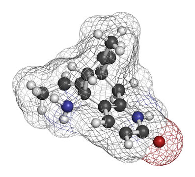 Huperzine A alkaloid molecule. 3D rendering. Atoms are represented as spheres with conventional color coding: hydrogen (white), carbon (grey), oxygen (red), nitrogen (blue).