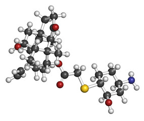 Lefamulin antibiotic drug molecule. 3D rendering. Atoms are represented as spheres with conventional color coding: hydrogen (white), carbon (grey), nitrogen (blue), oxygen (red), sulfur (yellow).