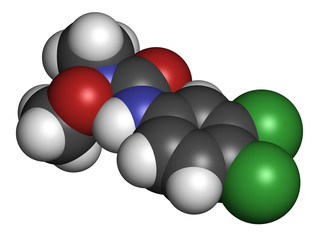 Linuron herbicide molecule. 3D rendering. Atoms are represented as spheres with conventional color coding: hydrogen (white), carbon (grey), oxygen (red), nitrogen (blue), chlorine (green).