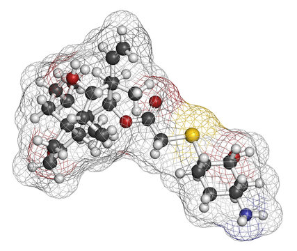 Lefamulin antibiotic drug molecule. 3D rendering. Atoms are represented as spheres with conventional color coding: hydrogen (white), carbon (grey), nitrogen (blue), oxygen (red), sulfur (yellow).