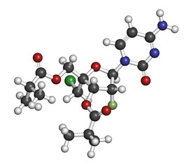 Lumicitabine RSV drug molecule. 3D rendering. Atoms are represented as spheres with conventional color coding.