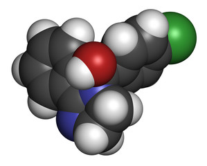 Mazindol appetite suppressant drug molecule. 3D rendering. Atoms are represented as spheres with conventional color coding.