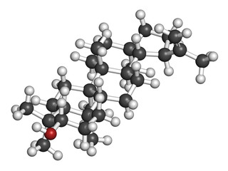 Lupeol molecule. 3D rendering. Atoms are represented as spheres with conventional color coding: hydrogen (white), carbon (grey), oxygen (red).