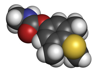 Methiocarb pesticide molecule. 3D rendering. Atoms are represented as spheres with conventional color coding: hydrogen (white), carbon (grey), oxygen (red), nitrogen (blue), sulfur (yellow).