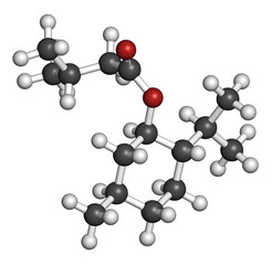 Menthyl isovalerate drug molecule. 3D rendering. Atoms are represented as spheres with conventional color coding: hydrogen (white), carbon (grey), oxygen (red).