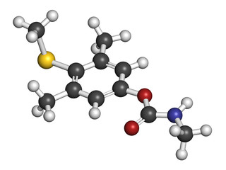 Methiocarb pesticide molecule. 3D rendering. Atoms are represented as spheres with conventional color coding: hydrogen (white), carbon (grey), oxygen (red), nitrogen (blue), sulfur (yellow).
