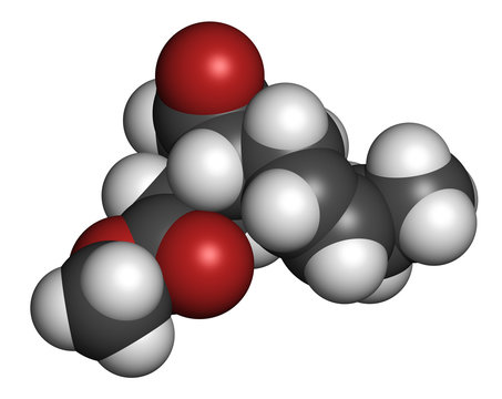 Methyl jasmonate plant stress signal molecule. 3D rendering. Atoms are represented as spheres with conventional color coding: hydrogen (white), carbon (grey), oxygen (red).