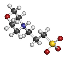 MOPS buffering agent molecule. 3D rendering. Atoms are represented as spheres with conventional color coding: hydrogen (white), carbon (grey), oxygen (red), nitrogen (blue), sulfur (yellow).