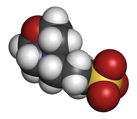 MOPS buffering agent molecule. 3D rendering. Atoms are represented as spheres with conventional color coding: hydrogen (white), carbon (grey), oxygen (red), nitrogen (blue), sulfur (yellow).