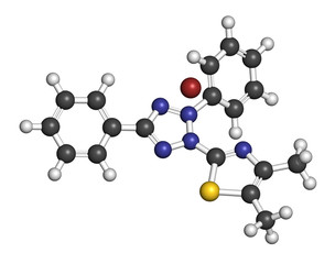 MTT yellow tetrazole dye molecule. Used in MTT assay, used to measure cytotoxicity and cell metabolic activity.  3D rendering. Atoms are represented as spheres with conventional color coding.