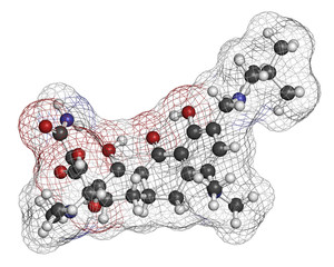 Omadacycline antibiotic drug molecule. 3D rendering. Atoms are represented as spheres with conventional color coding: hydrogen (white), carbon (grey), nitrogen (blue), oxygen (red).