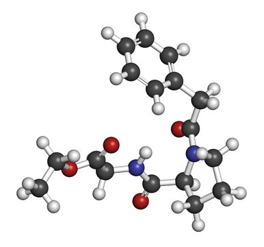 Omberacetam nootropic drug molecule. 3D rendering. Atoms are represented as spheres with conventional color coding: hydrogen (white), carbon (grey), oxygen (red), nitrogen (blue).