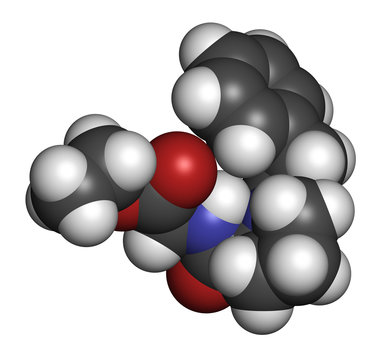 Omberacetam nootropic drug molecule. 3D rendering. Atoms are represented as spheres with conventional color coding: hydrogen (white), carbon (grey), oxygen (red), nitrogen (blue).