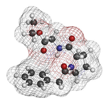 Omberacetam nootropic drug molecule. 3D rendering. Atoms are represented as spheres with conventional color coding: hydrogen (white), carbon (grey), oxygen (red), nitrogen (blue).