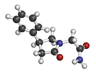 Phenylpiracetam drug molecule. 3D rendering. Atoms are represented as spheres with conventional color coding: hydrogen (white), carbon (grey), oxygen (red), nitrogen (blue).