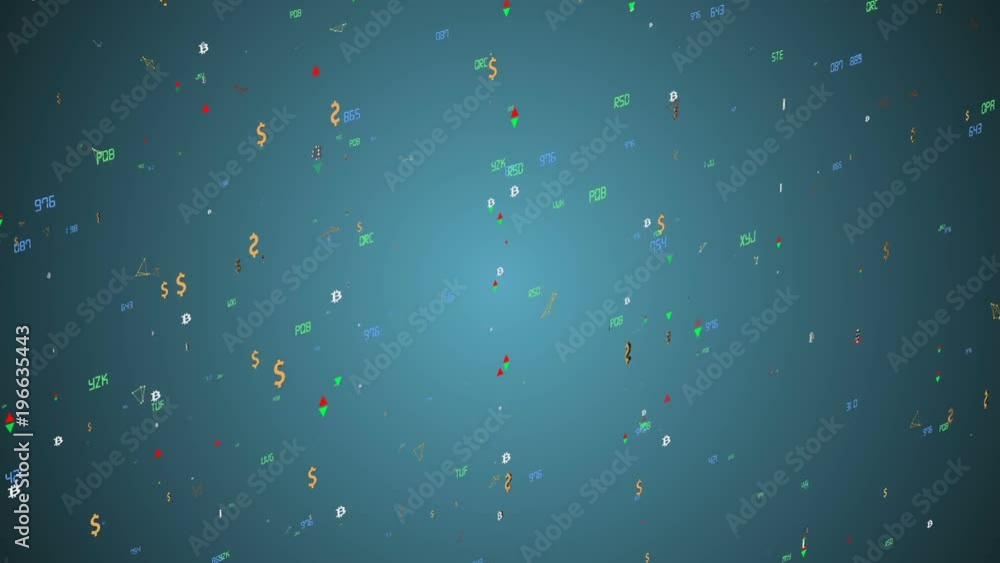 Poster the movement of economic particles. bitcoin and dollar icons. the indicators move to all axes. growt