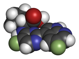 Pimodivir influenza drug molecule. 3D rendering. Atoms are represented as spheres with conventional color coding.