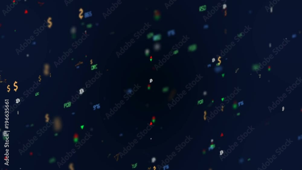 Poster the movement of economic particles. depth of field . bitcoin and dollar icons. the indicators move t