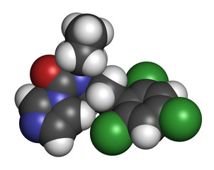Prochloraz fungicide molecule. 3D rendering. Atoms are represented as spheres with conventional color coding: hydrogen (white), carbon (grey), oxygen (red), nitrogen (blue), chlorine (green).