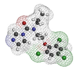 Prochloraz fungicide molecule. 3D rendering. Atoms are represented as spheres with conventional color coding: hydrogen (white), carbon (grey), oxygen (red), nitrogen (blue), chlorine (green).