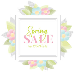 Spring sale graphic with delicate pink and blue watercolor flowers