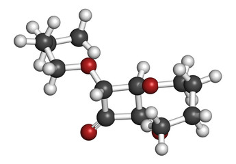 Squaric acid dibutyl ester drug molecule. 3D rendering. Atoms are represented as spheres with conventional color coding: hydrogen (white), carbon (grey), oxygen (red).