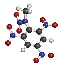 Tetryl explosive molecule. 3D rendering. Atoms are represented as spheres with conventional color coding: hydrogen (white), carbon (grey), oxygen (red), nitrogen (blue).