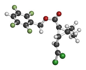 Transfluthrin insecticide molecule. 3D rendering. Atoms are represented as spheres with conventional color coding.
