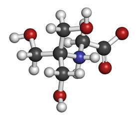 Tricine buffering agent molecule. 3D rendering. Atoms are represented as spheres with conventional color coding: hydrogen (white), carbon (grey), oxygen (red), nitrogen (blue).